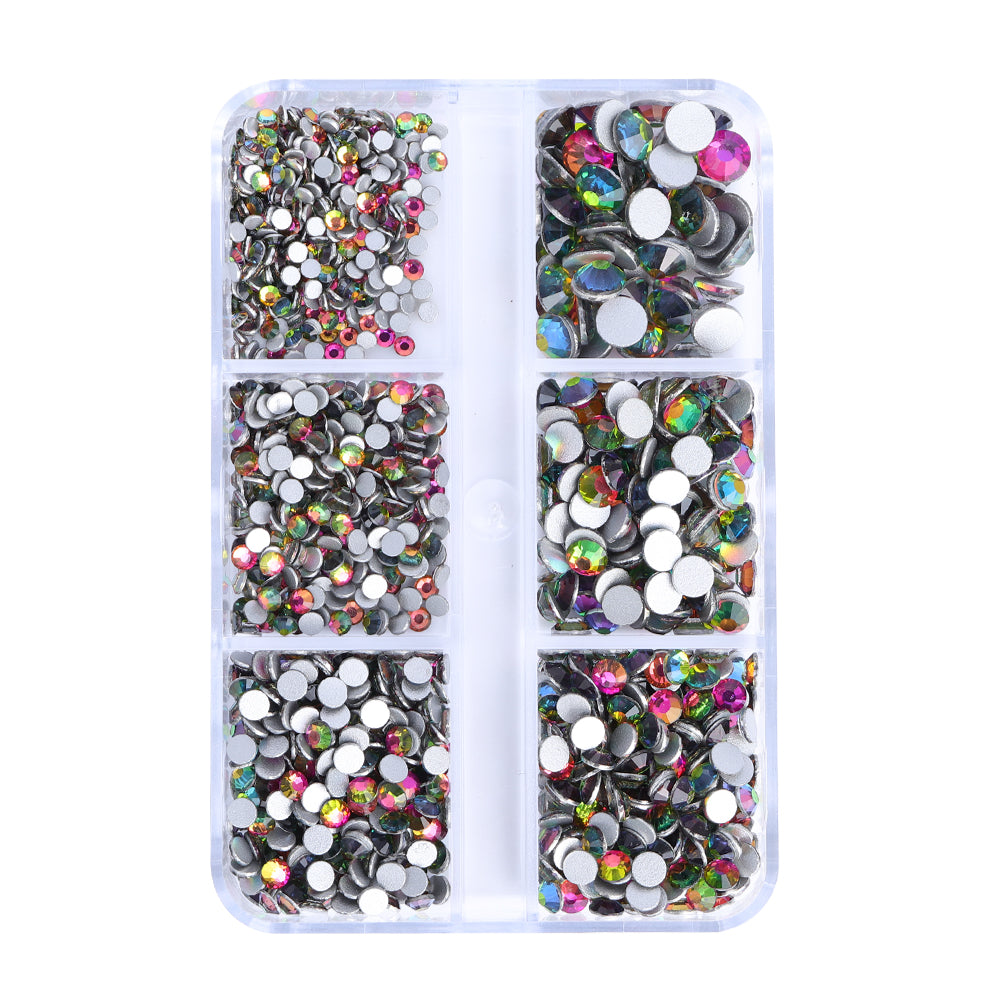 Mixed Sizes 6 Grid Box Rainbow Glass FlatBack Rhinestones For Nail Art Silver Back