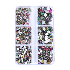 Mixed Sizes 6 Grid Box Rainbow Glass FlatBack Rhinestones For Nail Art Silver Back