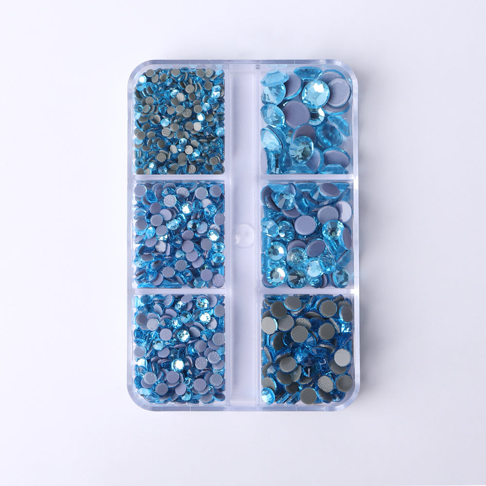 Mixed Sizes 6 Grid Box Aquamarine Glass HotFix Rhinestones For Clothing DIY