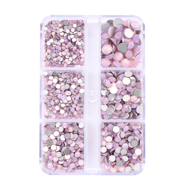 Mixed Sizes 6 Grid Box Pink Opal Glass FlatBack Rhinestones For Nail Art Silver Back WholesaleRhinestone