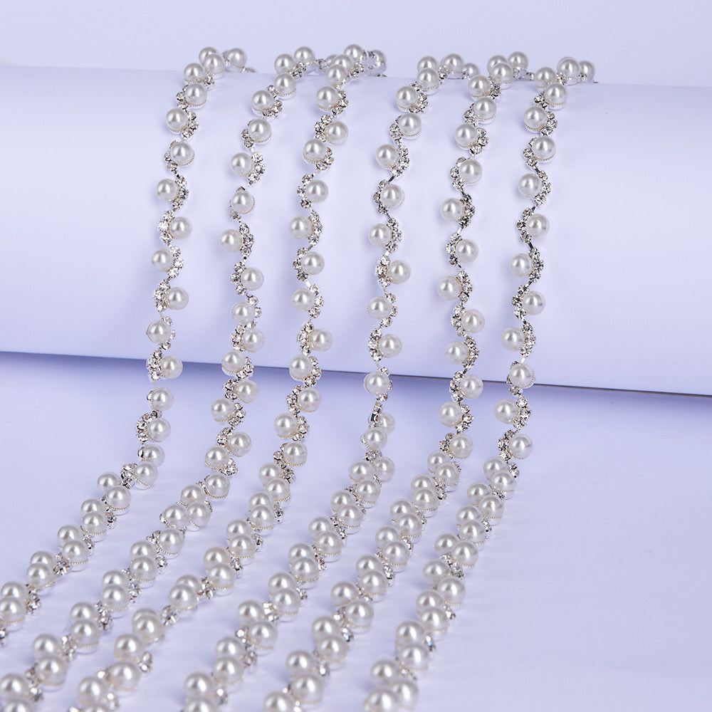 Sew-on Crystal Glass Rhinestone Pearl Trim Chain Applique RA1244 WholesaleRhinestone