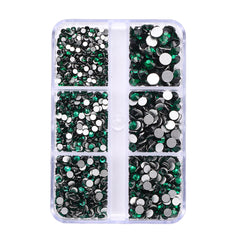 Mixed Sizes 6 Grid Box Dark Green Glass FlatBack Rhinestones For Nail Art  Silver Back