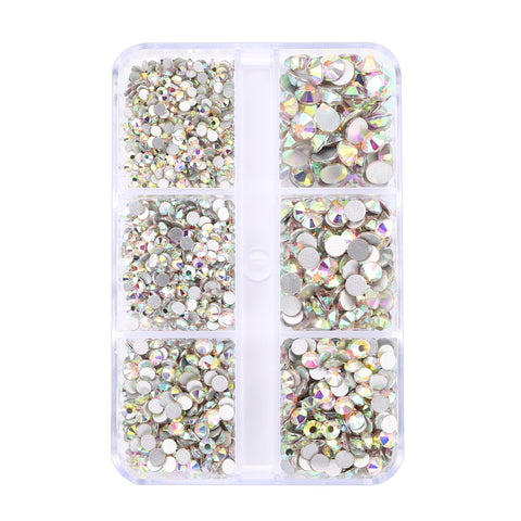 Mixed Sizes 6 Grid Box Crystal AB Glass FlatBack Rhinestones For Nail Art Silver Back