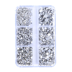 Mixed Sizes 6 Grid Box Silver Glass FlatBack Rhinestones For Nail Art  Silver Back