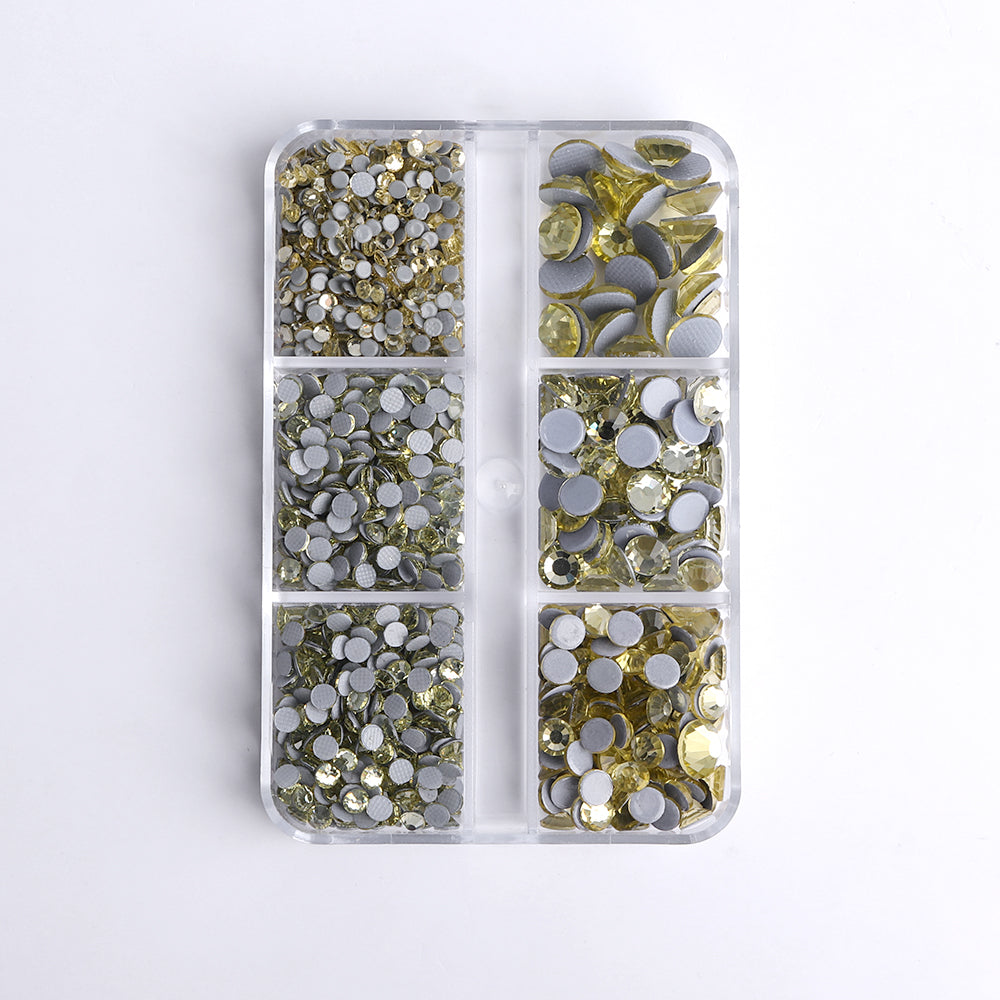 Mixed Sizes 6 Grid Box Light Yellow Glass HotFix Rhinestones For Clothing DIY WholesaleRhinestone