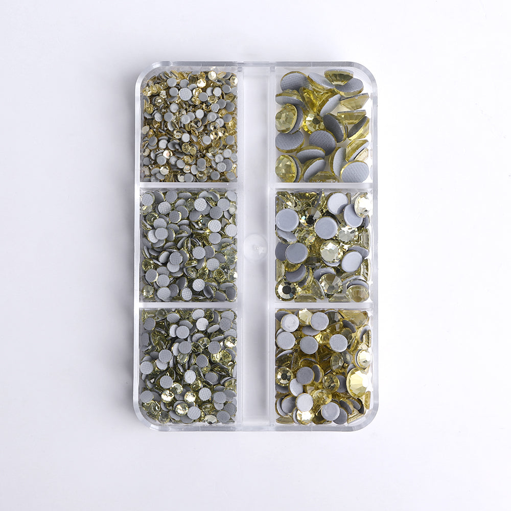 Mixed Sizes 6 Grid Box Light Yellow Glass HotFix Rhinestones For Clothing DIY