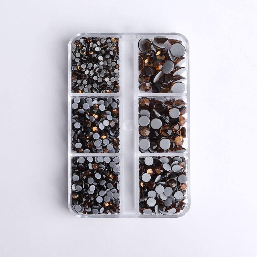 Mixed Sizes 6 Grid Box Smoked Topaz Glass HotFix Rhinestones For Clothing DIY
