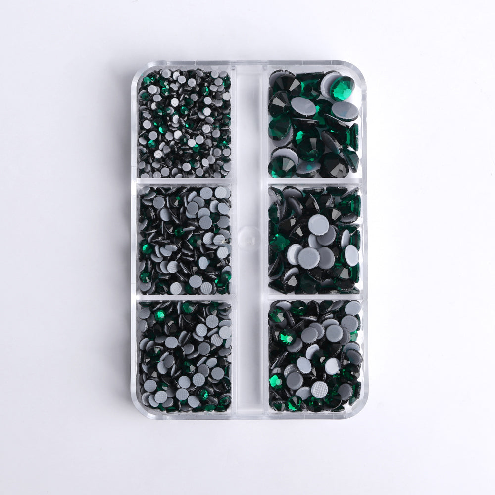 Mixed Sizes 6 Grid Box Dark Green Glass HotFix Rhinestones For Clothing DIY Secondary image