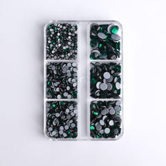 Mixed Sizes 6 Grid Box Dark Green Glass HotFix Rhinestones For Clothing DIY