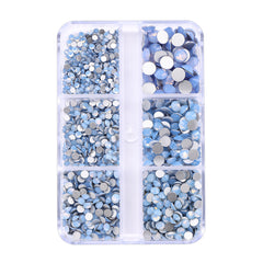 Mixed Sizes 6 Grid Box Blue Opal Glass FlatBack Rhinestones For Nail Art Silver Back