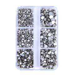 Mixed Sizes 6 Grid Box Hematite Glass FlatBack Rhinestones For Nail Art  Silver Back