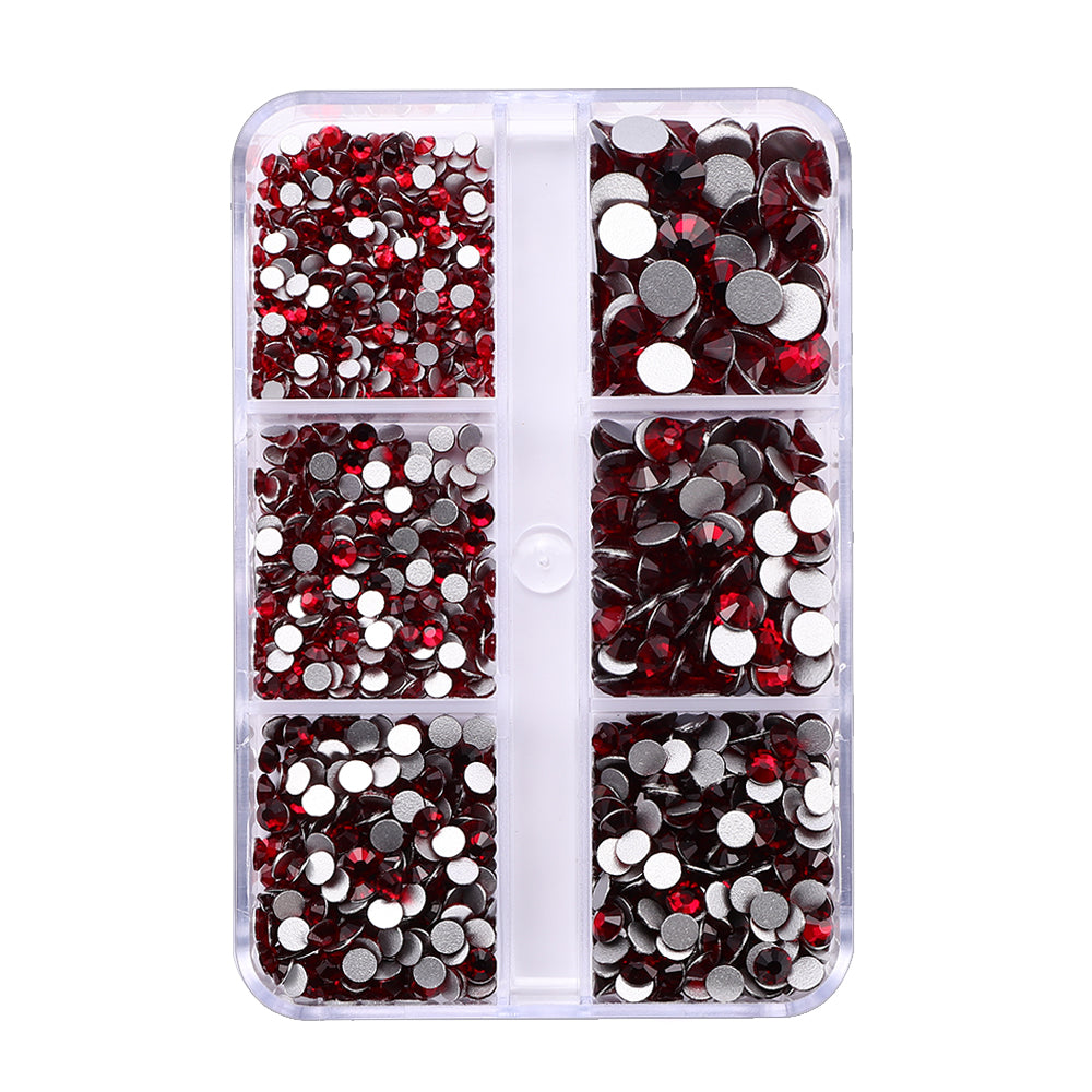 Mixed Sizes 6 Grid Box Dark Siam Glass FlatBack Rhinestones For Nail Art Silver Back