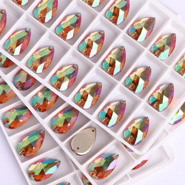 Iridescent Green Drop Shape High Quality Glass Sew-on Rhinestones WholesaleRhinestone