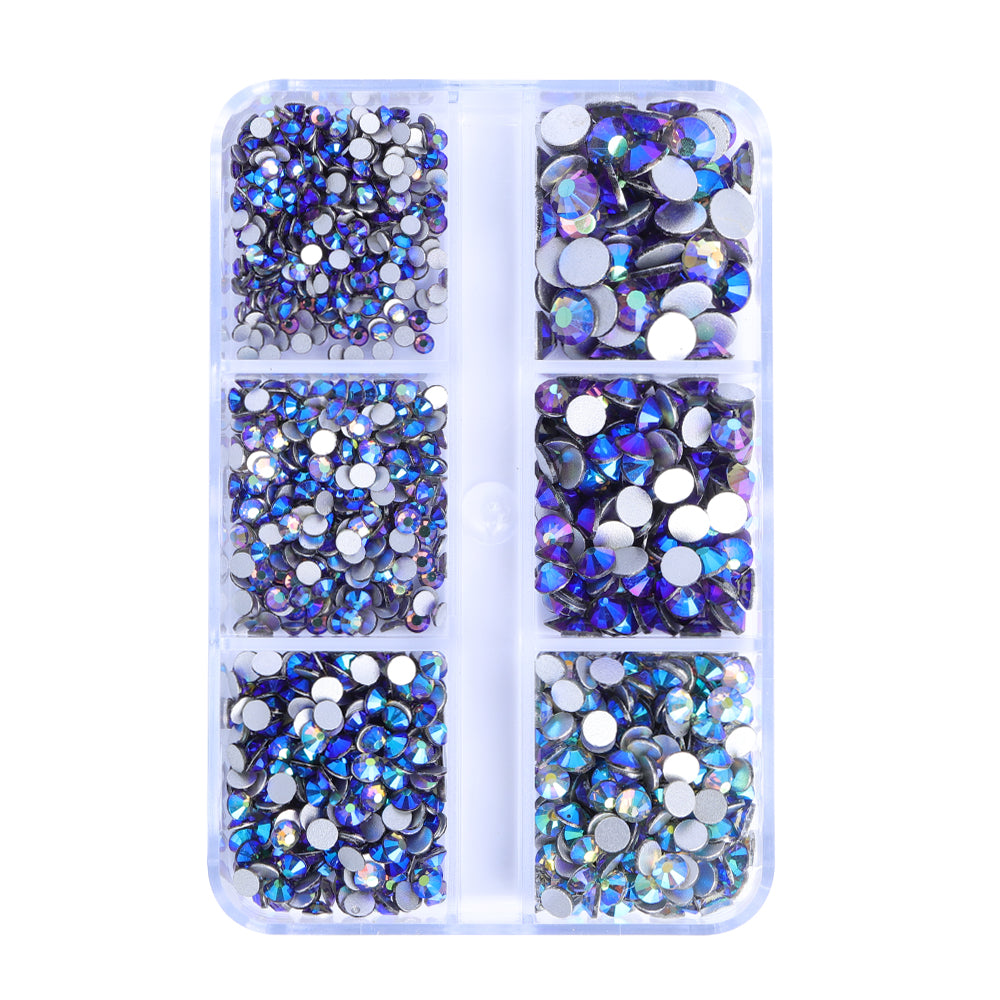 Mixed Sizes 6 Grid Box Black Diamond AB Glass FlatBack Rhinestones For Nail Art  Silver Back