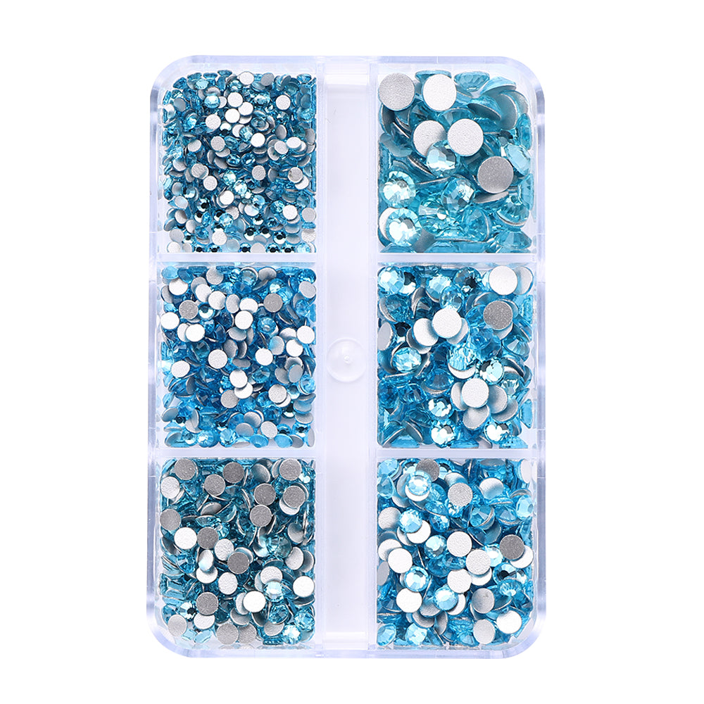 Mixed Sizes 6 Grid Box Aquamarine Glass FlatBack Rhinestones For Nail Art  Silver Back
