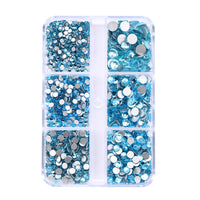 Blandade storlekar 6 Grid Box Aquamarine Glass Flatback Rhinestones för nagelkonst Silver tillbaka