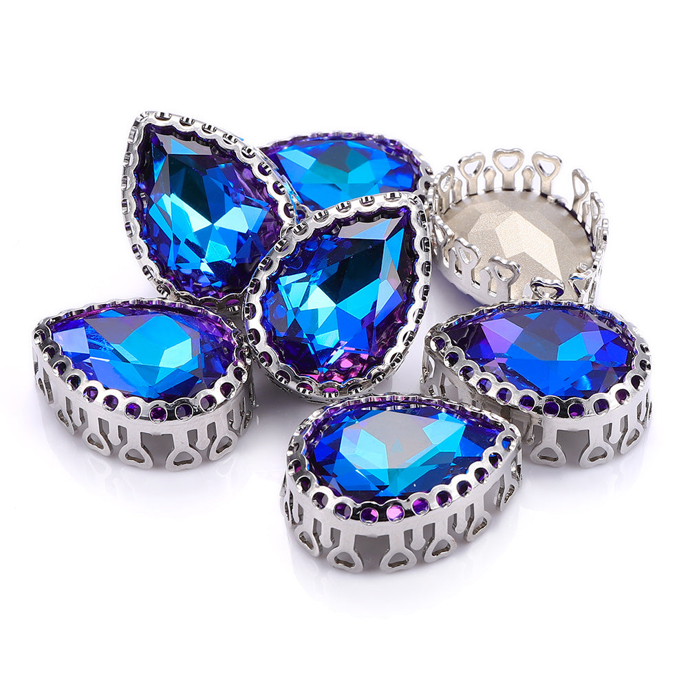 Bermuda Blue Drop Shape High-Quality Glass Sew-on Nest Hollow Claw Rhinestones WholesaleRhinestone