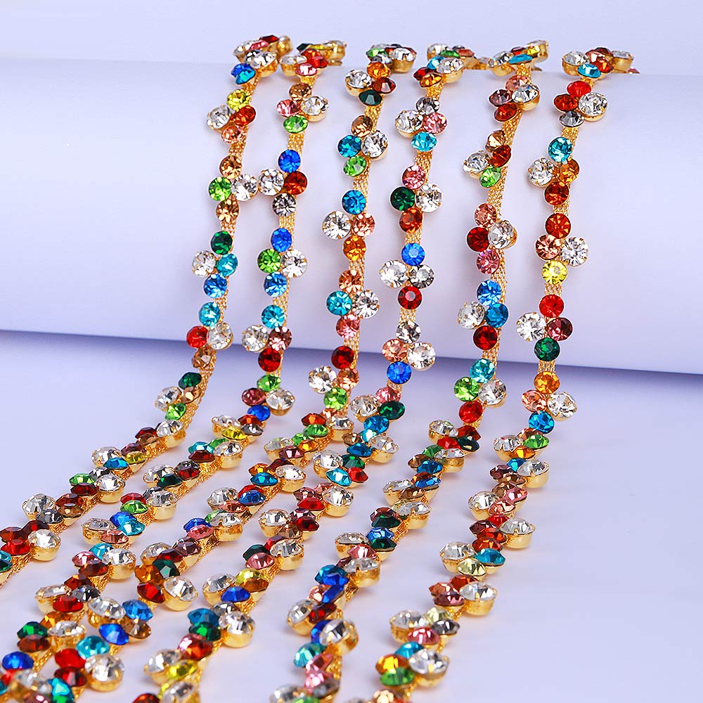 Sew-on Mixed Colors Glass Rhinestone Trim Chain Applique RA715 WholesaleRhinestone