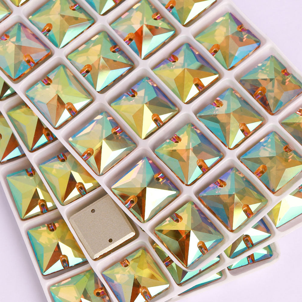 Iridescent Green Square Shape High Quality Glass Sew-on Rhinestones WholesaleRhinestone