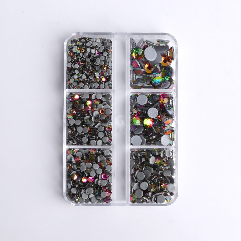 Mixed Sizes 6 Grid Box Rainbow Glass HotFix Rhinestones For Clothing DIY