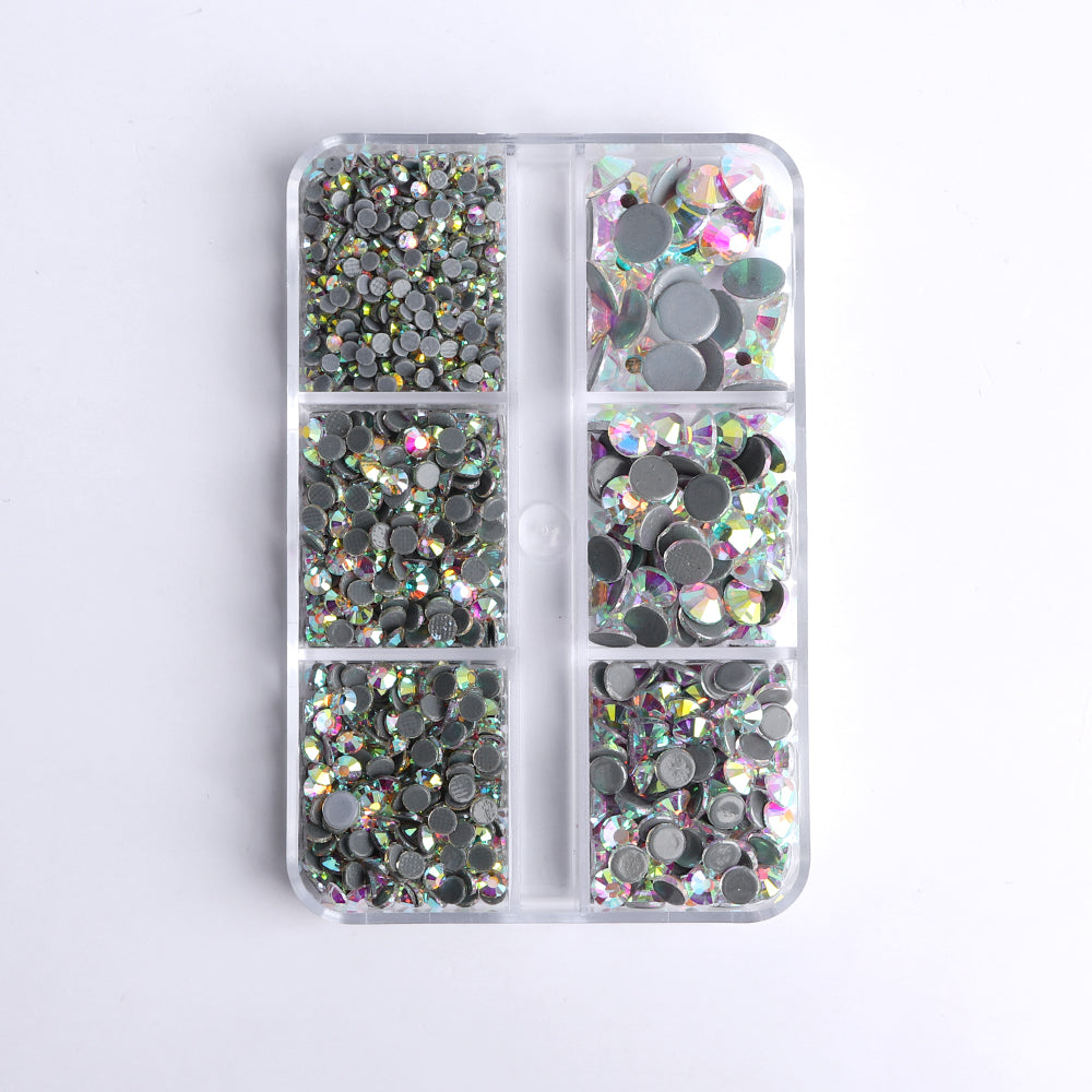 Mixed Sizes 6 Grid Box Crystal AB Glass HotFix Rhinestones For Clothing DIY