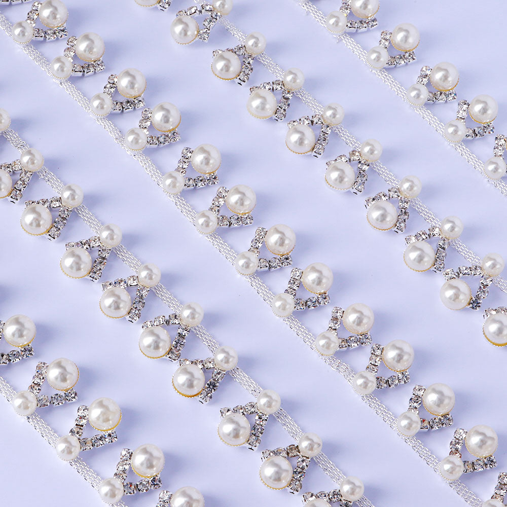 Sew-on Crystal Glass Rhinestone Pearl Trim Chain Applique RA1046 Secondary image
