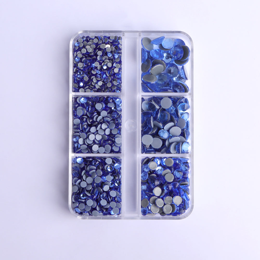 Mixed Sizes 6 Grid Box Light Blue Glass HotFix Rhinestones For Clothing DIY