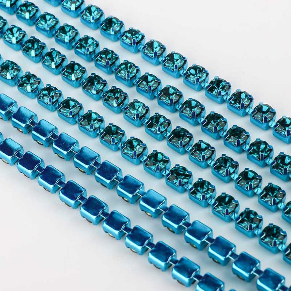 Indicolite Glass Rhinestones Close Cup Chain - 1 Row Indicolite Base WholesaleRhinestone