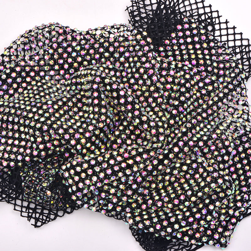 Crystal AB Rhinestones Mesh Fabric Sewing Elastic Trim - Black WholesaleRhinestone