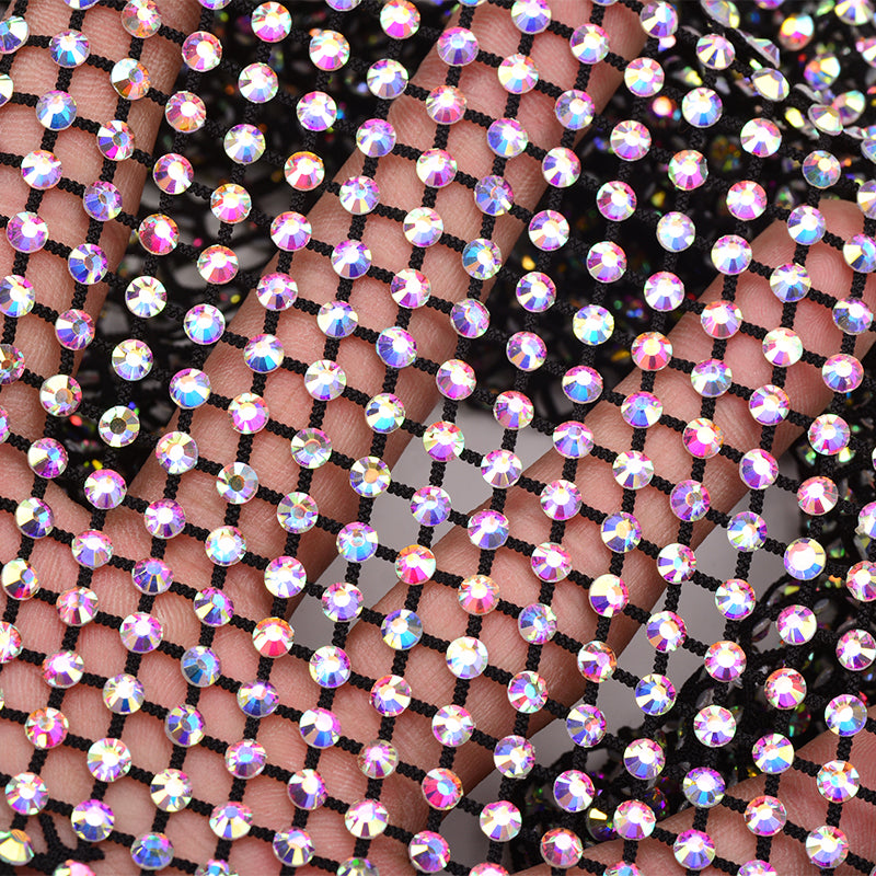 Crystal AB Rhinestones Mesh Fabric Sewing Elastic Trim - Black WholesaleRhinestone Hauptbild