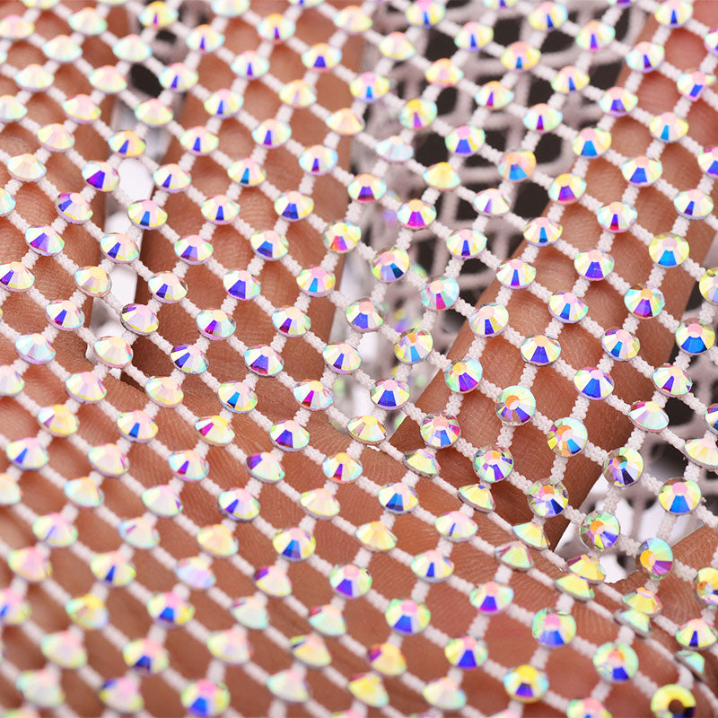Crystal AB Rhinestones Mesh Fabric Sewing Elastic Trim - White WholesaleRhinestone Hauptbild