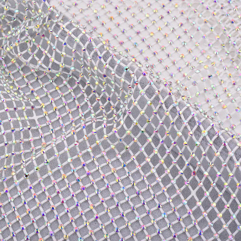 Crystal AB Rhinestones Mesh Fabric Sewing Elastic Trim - White WholesaleRhinestone