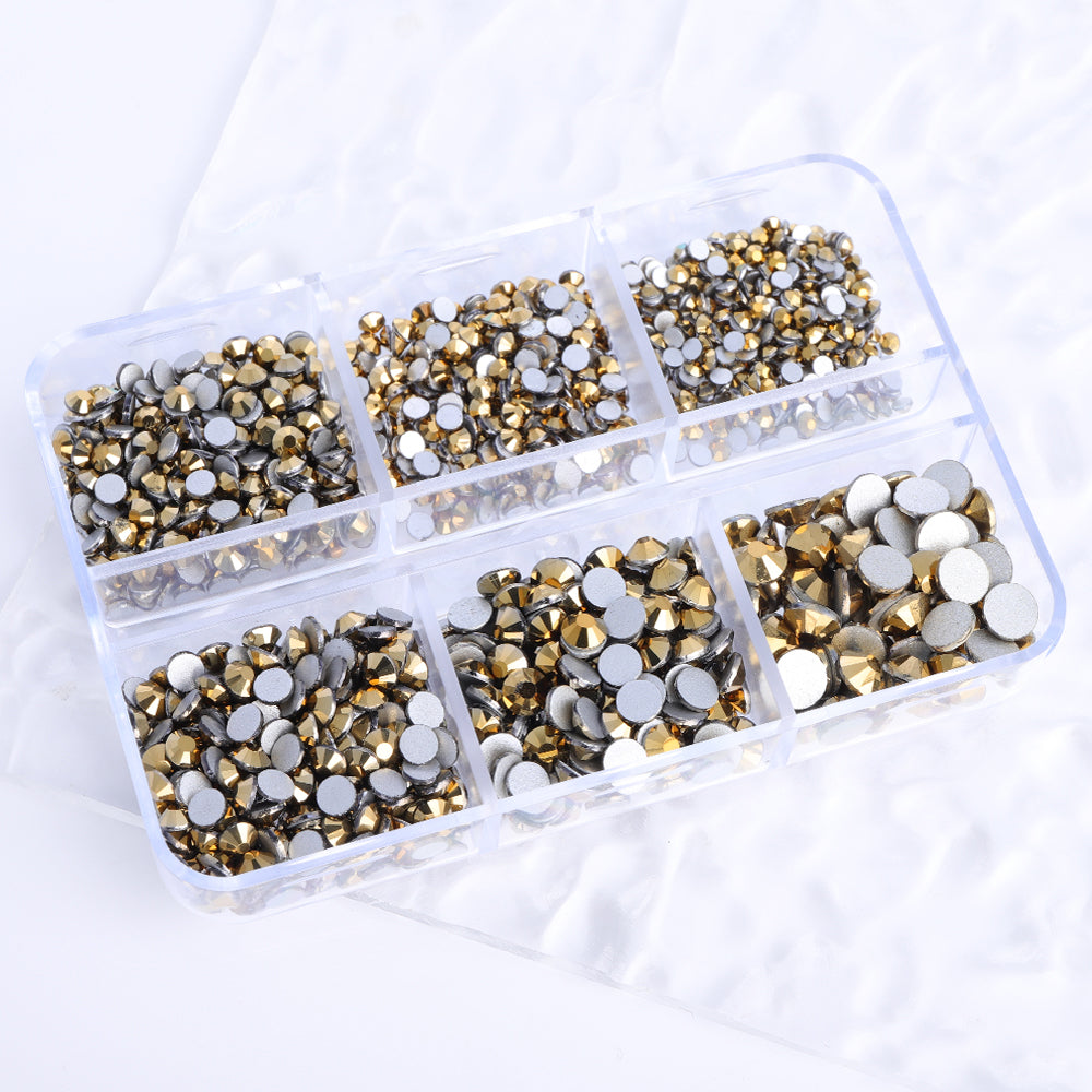 Mixed Sizes 6 Grid Box Aurum Glass FlatBack Rhinestones For Nail Art  Silver Back