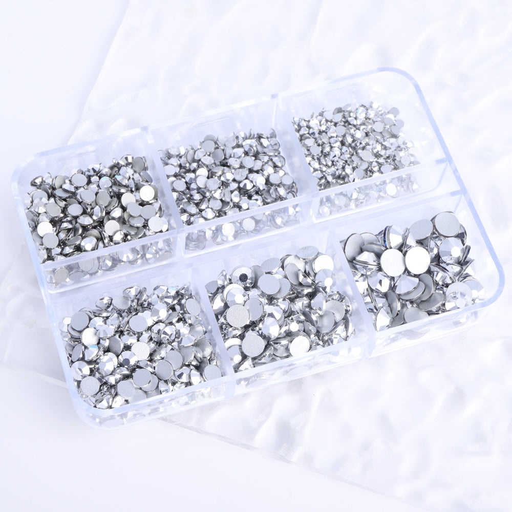 Mixed Sizes 6 Grid Box Silver Glass FlatBack Rhinestones For Nail Art  Silver Back