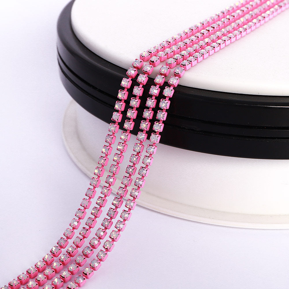 White Opal Glass Rhinestones Close Cup Chain - 1 Row Multi Colors Base WholesaleRhinestone