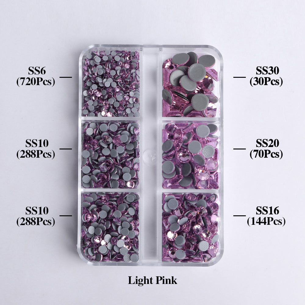 Mixed Sizes 6 Grid Box Light Pink Glass HotFix Rhinestones For Clothing DIY WholesaleRhinestone