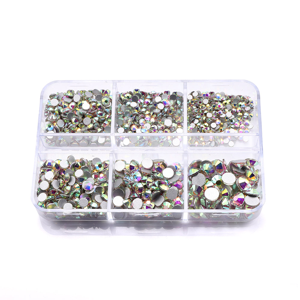 Mixed Sizes 6 Grid Box Crystal AB Glass FlatBack Rhinestones For Nail Art Silver Back