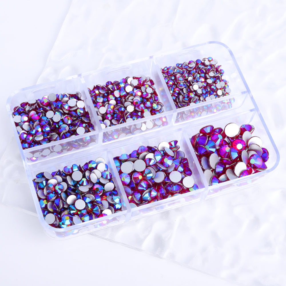 Mixed Sizes 6 Grid Box Dark Siam AB Glass FlatBack Rhinestones For Nail Art Silver Back