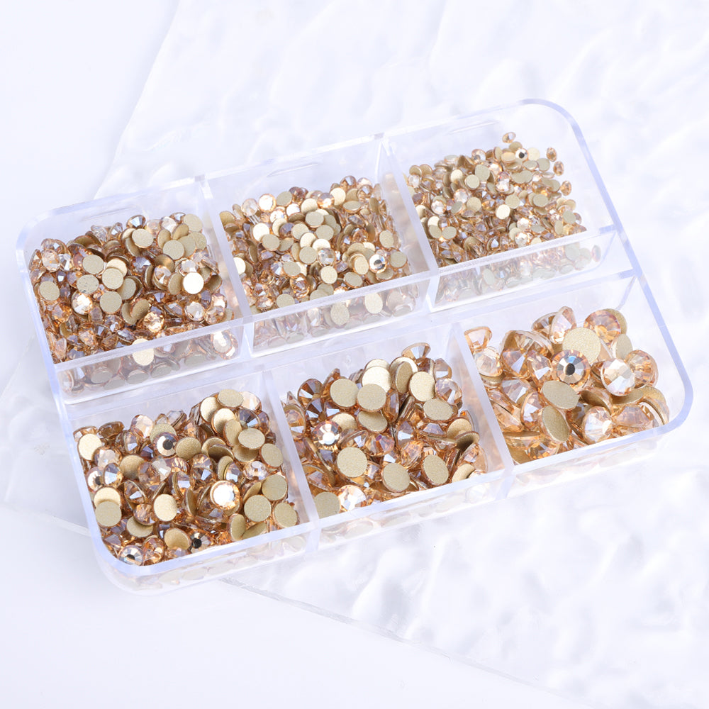 Mixed Sizes 6 Grid Box Golden Shadow Glass FlatBack Rhinestones For Nail Art Golden Back Secondary image
