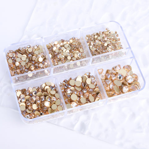 Mixed Sizes 6 Grid Box Golden Shadow Glass FlatBack Rhinestones For Nail Art Golden Back