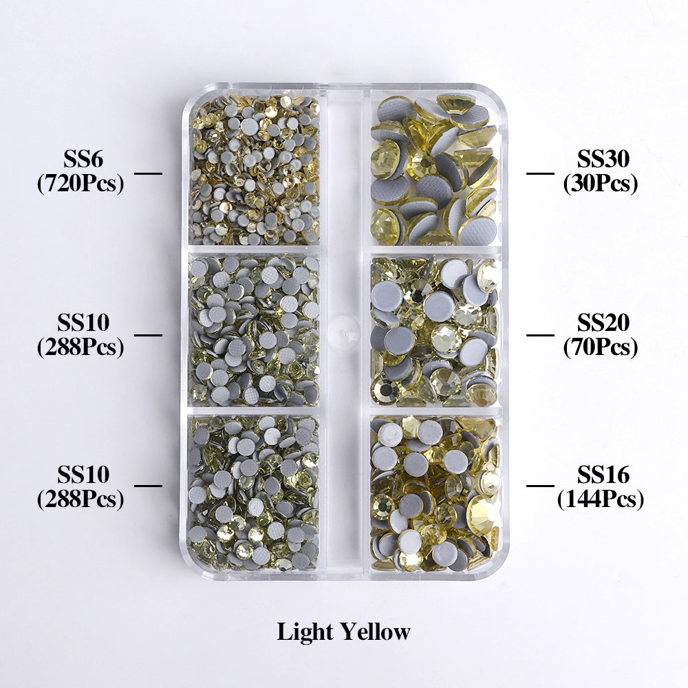 Mixed Sizes 6 Grid Box Light Yellow Glass HotFix Rhinestones For Clothing DIY