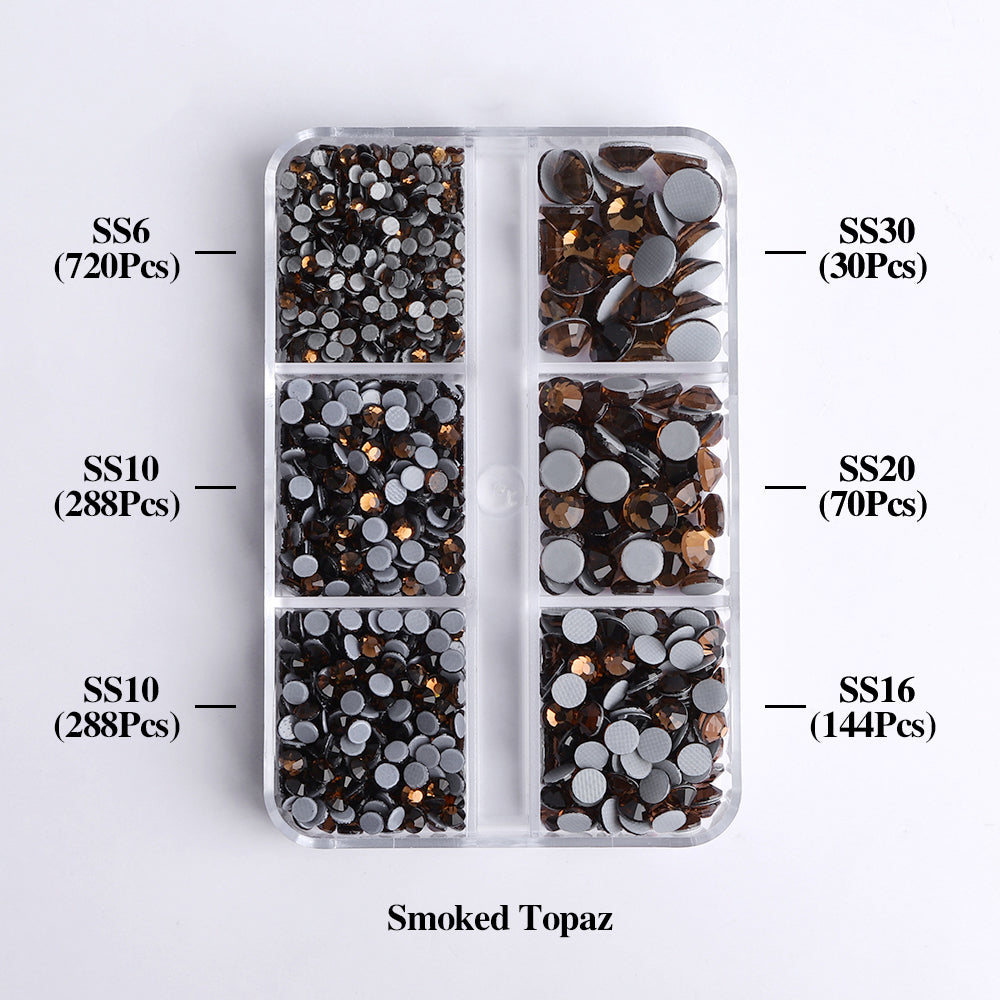 Mixed Sizes 6 Grid Box Smoked Topaz Glass HotFix Rhinestones For Clothing DIY