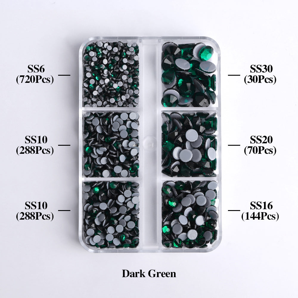 Mixed Sizes 6 Grid Box Dark Green Glass HotFix Rhinestones For Clothing DIY WholesaleRhinestone
