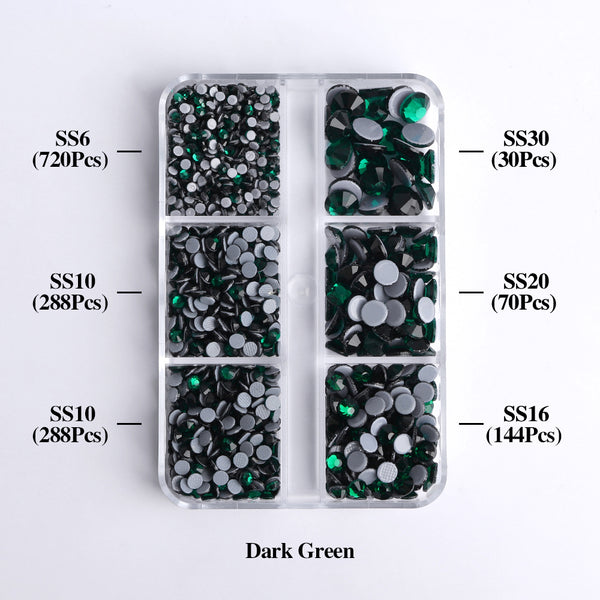 Mixed Sizes 6 Grid Box Dark Green Glass HotFix Rhinestones For Clothing DIY WholesaleRhinestone