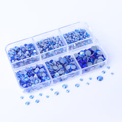 Mixed Sizes 6 Grid Box Light Blue AB Glass HotFix Rhinestones For Clothing DIY