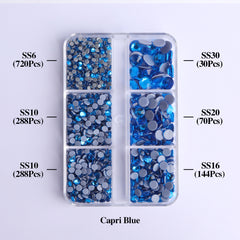 Mixed Sizes 6 Grid Box Capri Blue Glass HotFix Rhinestones For Clothing DIY