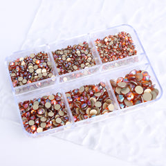 Mixed Sizes 6 Grid Box Amber Glass FlatBack Rhinestones For Nail Art Golden Back