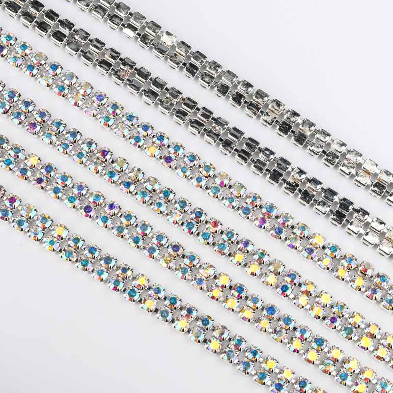 10 Yards Crystal AB Rhinestones Close Cup Chain -  2 Rows Silver Base WholesaleRhinestone