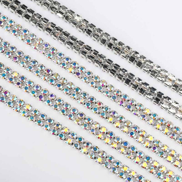 10 Yards Crystal AB Rhinestones Close Cup Chain -  2 Rows Silver Base WholesaleRhinestone