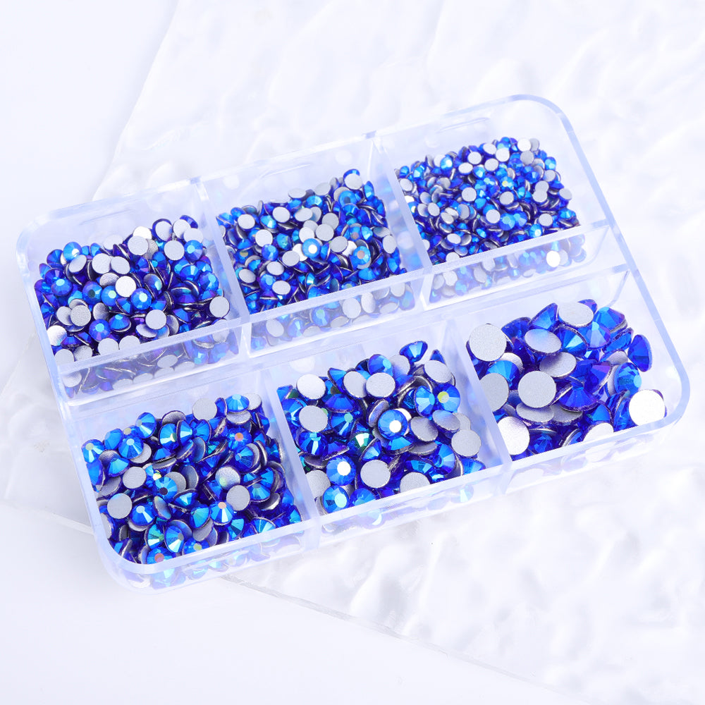 Mixed Sizes 6 Grid Box Sapphire AB Glass FlatBack Rhinestones For Nail Art  Silver Back